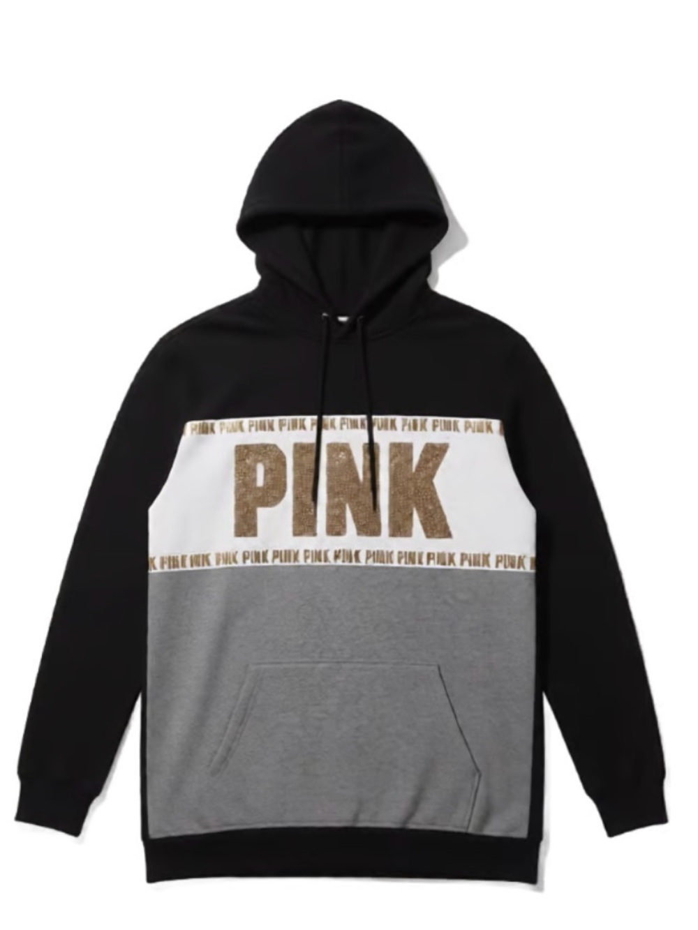 PINK Victoria's Secret Black, White & Gray Colorblock Hoodie with Gold Logo